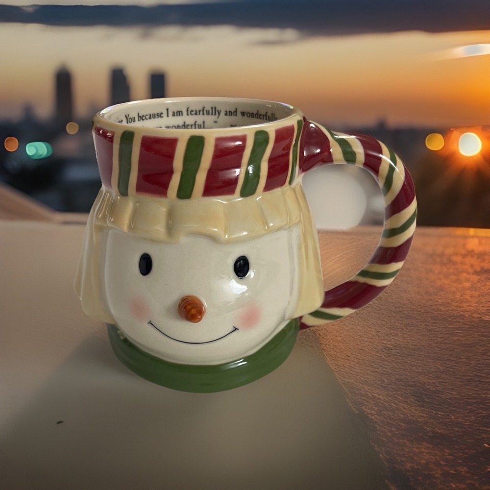 DaySpring Snowman Ceramic Figural Christmas Mug 2001 Red Green Striped Handle